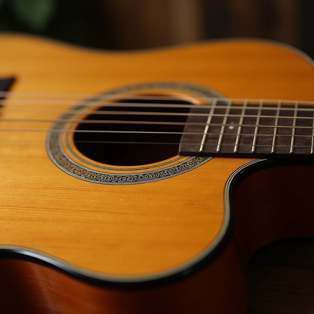 Detalle de guitarra acústica sobre mesa de taller