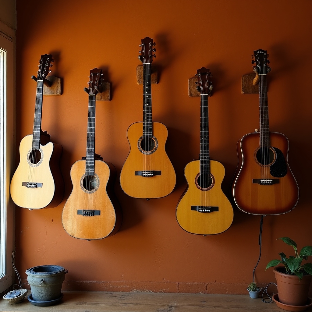 Guitarras colgadas en la pared del taller