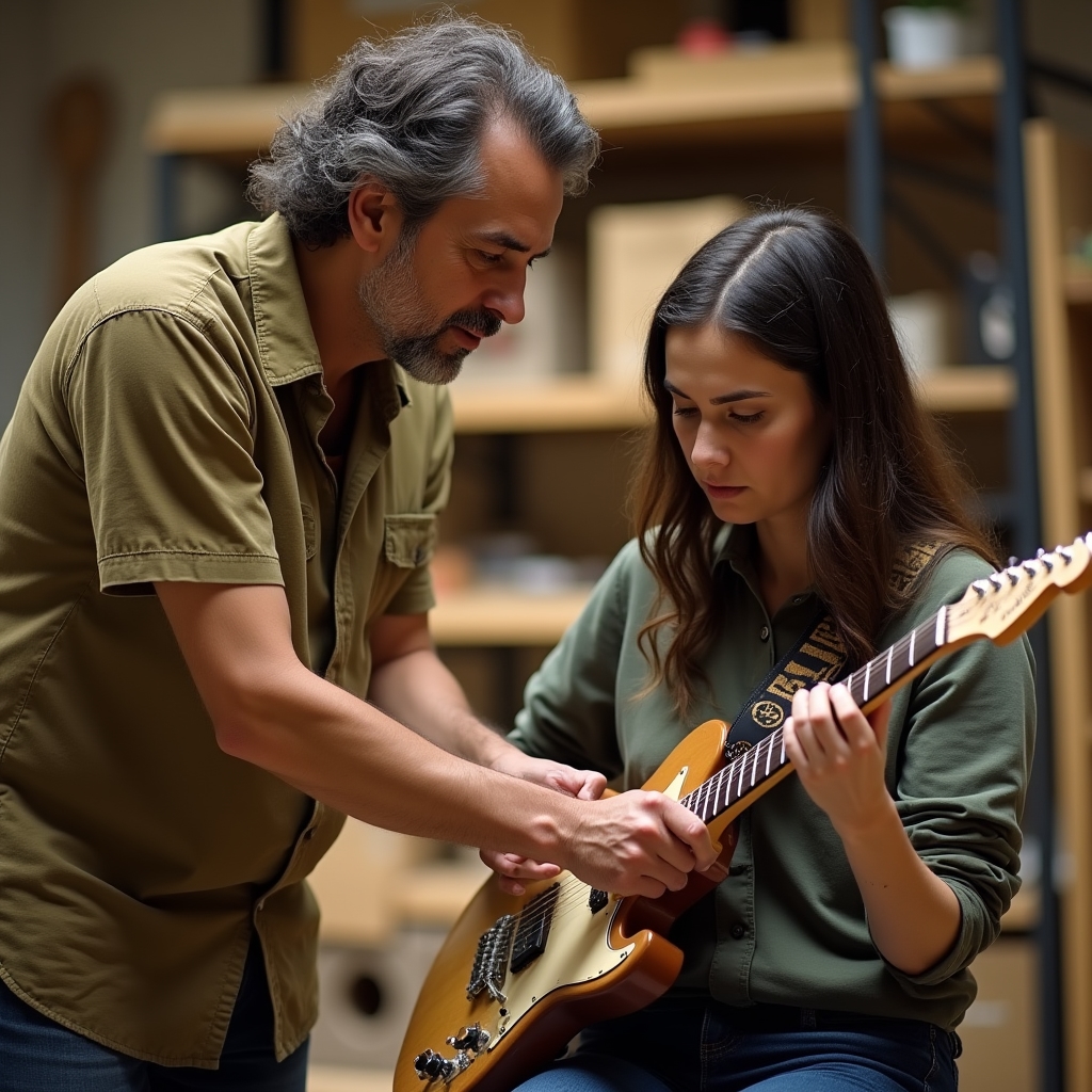 Instructor explicando ajuste de guitarra a participante