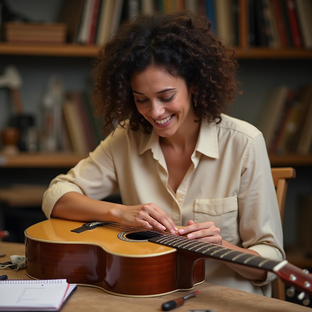 Participante revisando guitarra al finalizar el programa completo